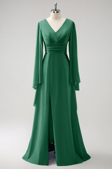 Vestido de dama de honor de gasa de gasa de manga larga gris azul A Line con abertura